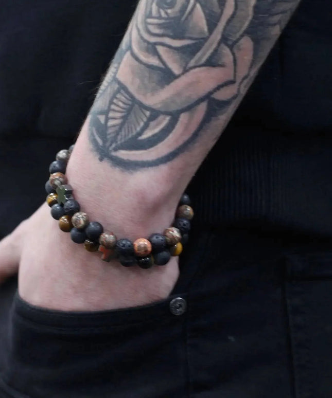 Set of 2 Gemstones Friendship Bracelets - Eternity - Leopard Skin Jasper & Lava Stone - Bee my Gift