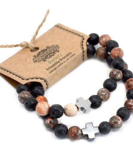 Set of 2 Gemstones Friendship Bracelets - Eternity - Leopard Skin Jasper & Lava Stone - Bee my Gift