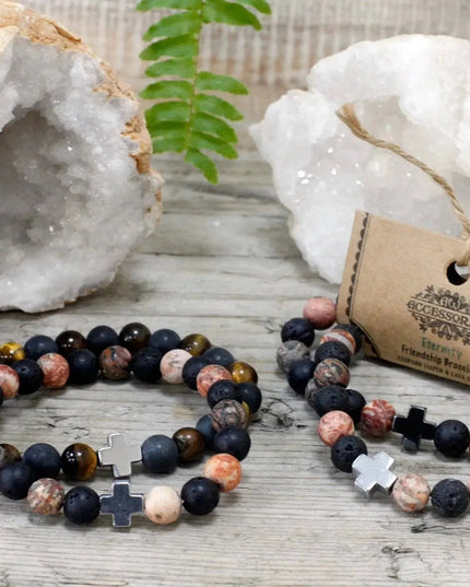 Set of 2 Gemstones Friendship Bracelets - Eternity - Leopard Skin Jasper & Lava Stone - Bee my Gift