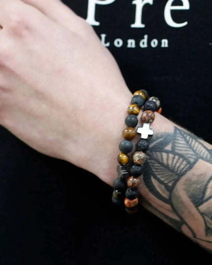Set of 2 Gemstones Friendship Bracelets - Eternity - Leopard Skin Jasper & Lava Stone - Bee my Gift