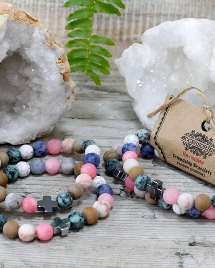 Set of 2 Gemstones Friendship Bracelets - Harmony - Rainbow Gemstones - Bee my Gift