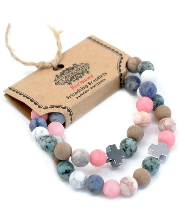 Set of 2 Gemstones Friendship Bracelets - Harmony - Rainbow Gemstones - Bee my Gift