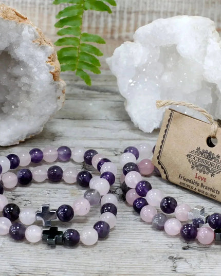 Set of 2 Gemstones Friendship Bracelets - Love - Amethyst & Rose Quartz - Bee my Gift