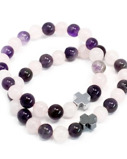 Set of 2 Gemstones Friendship Bracelets - Love - Amethyst & Rose Quartz - Bee my Gift