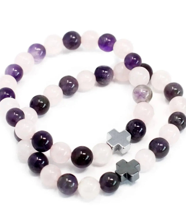 Set of 2 Gemstones Friendship Bracelets - Love - Amethyst & Rose Quartz - Bee my Gift