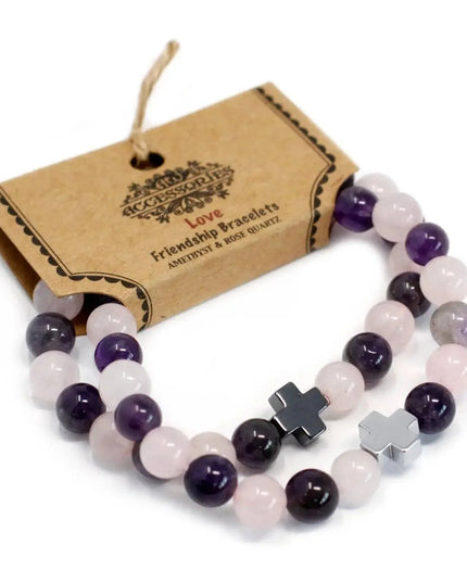 Set of 2 Gemstones Friendship Bracelets - Love - Amethyst & Rose Quartz - Bee my Gift