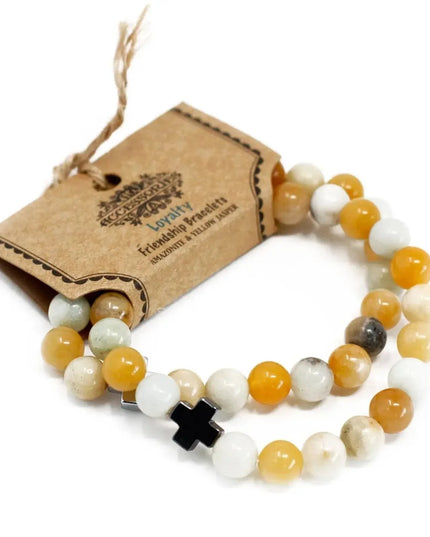 Set of 2 Gemstones Friendship Bracelets - Loyalty - Amazonite & Yellow Jasper - Bee my Gift