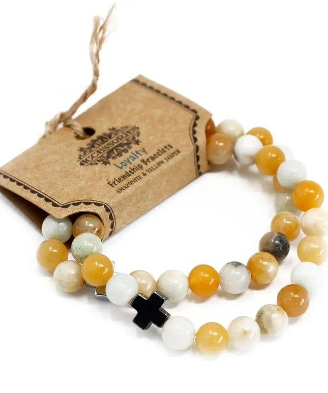 Set of 2 Gemstones Friendship Bracelets - Loyalty - Amazonite & Yellow Jasper - Bee my Gift