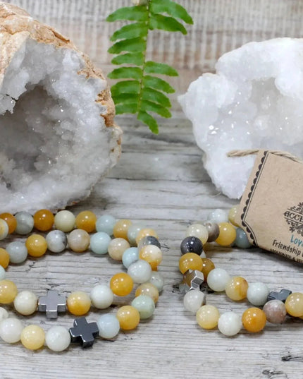 Set of 2 Gemstones Friendship Bracelets - Loyalty - Amazonite & Yellow Jasper - Bee my Gift