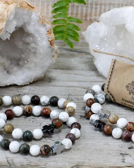 Set of 2 Gemstones Friendship Bracelets - Peace - Picasso Jasper & White Howlite - Bee my Gift
