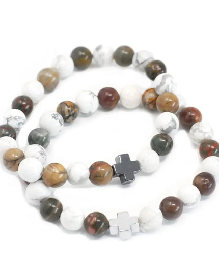Set of 2 Gemstones Friendship Bracelets - Peace - Picasso Jasper & White Howlite - Bee my Gift