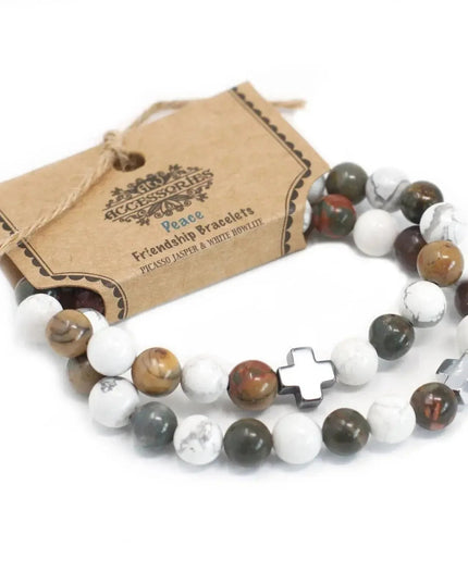 Set of 2 Gemstones Friendship Bracelets - Peace - Picasso Jasper & White Howlite - Bee my Gift