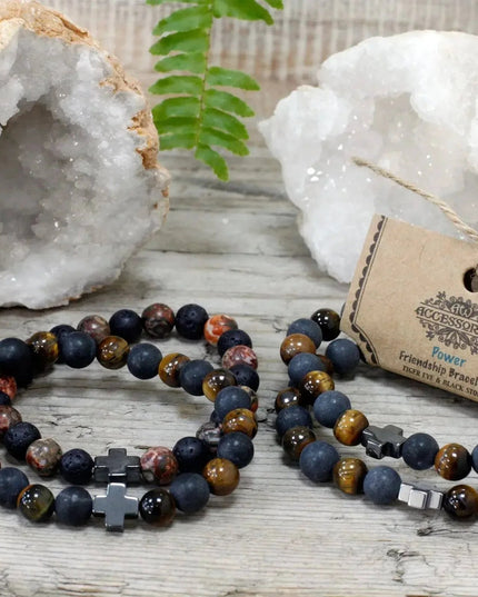 Set of 2 Gemstones Friendship Bracelets - Power - Tiger Eye & Black Stone - Bee my Gift