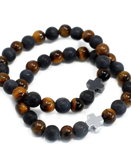 Set of 2 Gemstones Friendship Bracelets - Power - Tiger Eye & Black Stone - Bee my Gift