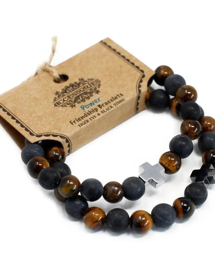 Set of 2 Gemstones Friendship Bracelets - Power - Tiger Eye & Black Stone - Bee my Gift