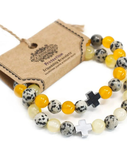 Set of 2 Gemstones Friendship Bracelets - Protection - Dalmation Jasper & Yellow Agate - Bee my Gift