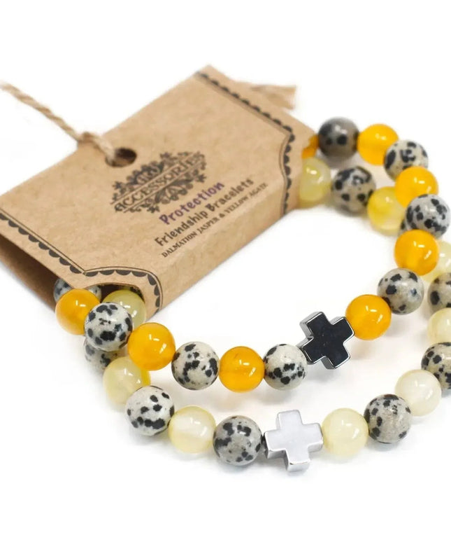Set of 2 Gemstones Friendship Bracelets - Protection - Dalmation Jasper & Yellow Agate - Bee my Gift