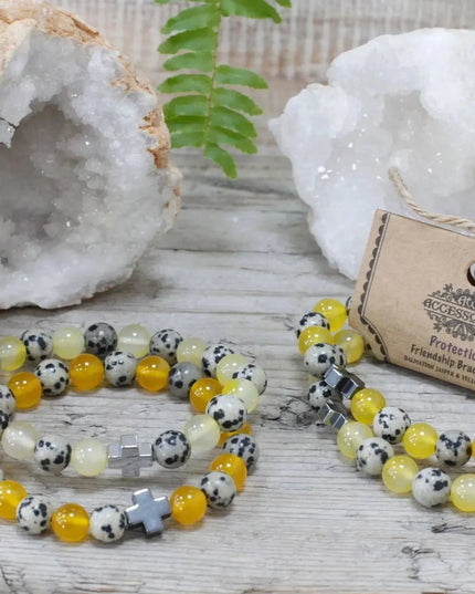 Set of 2 Gemstones Friendship Bracelets - Protection - Dalmation Jasper & Yellow Agate - Bee my Gift