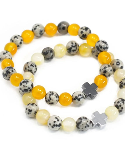 Set of 2 Gemstones Friendship Bracelets - Protection - Dalmation Jasper & Yellow Agate - Bee my Gift