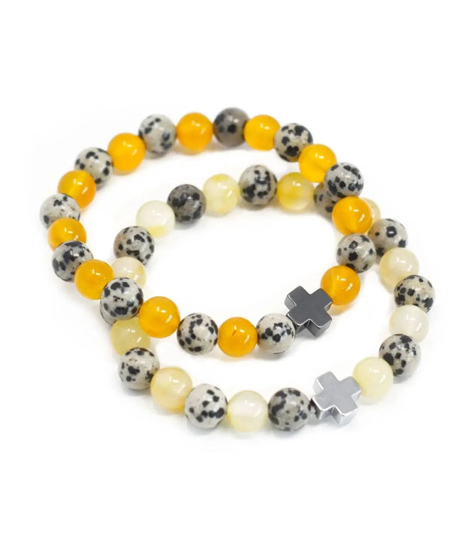 Set of 2 Gemstones Friendship Bracelets - Protection - Dalmation Jasper & Yellow Agate - Bee my Gift